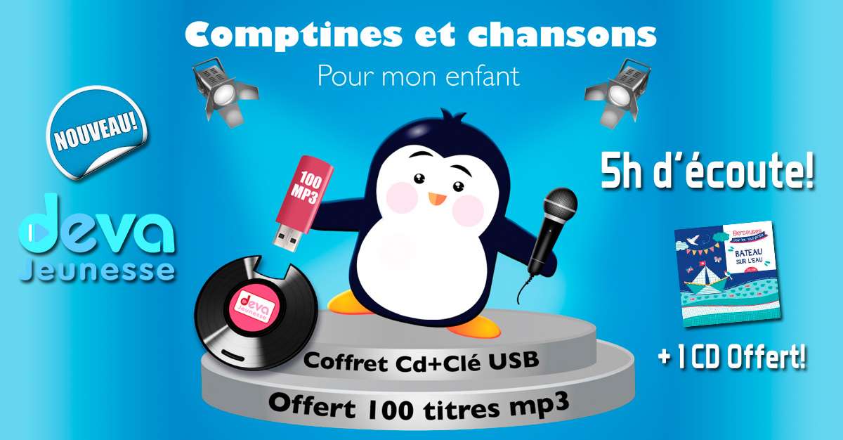 Un Coffret original de 100 titres : Les comptines les plus célèbres, les chansons de Noël, les contes extraordinaires. Un livret des paroles illustré et interactif de 111 pages est fourni avec le coffret dans la clé USB. 